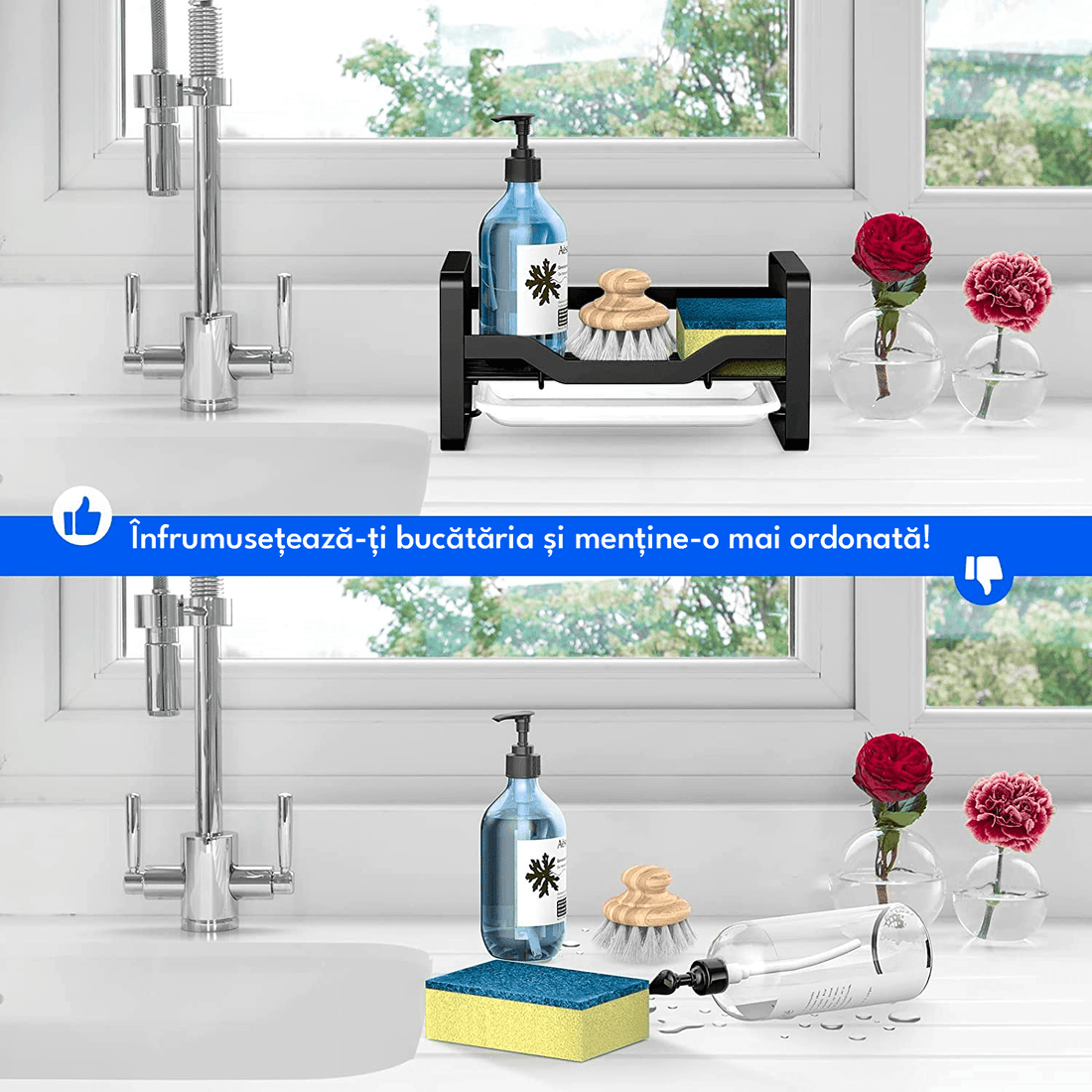 Suport Burete Vase Multifuncțional, Oțel Inoxidabil, cu Tava Detașabilă, Negru