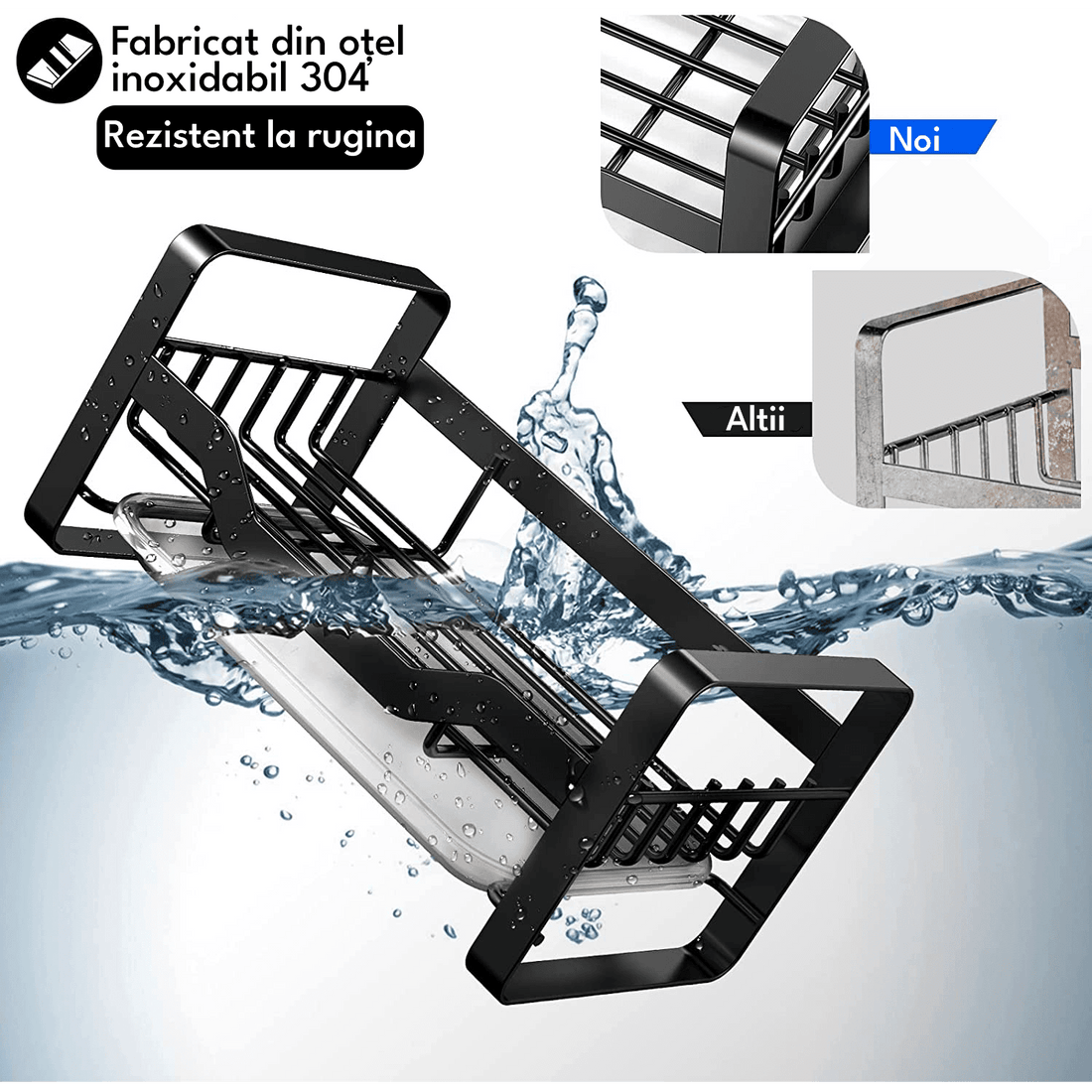 Suport Burete Vase Multifuncțional, Oțel Inoxidabil, cu Tava Detașabilă, Negru