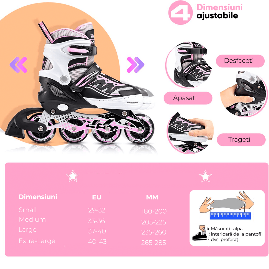 Role Reglabile S 29-32, Roți Luminoase Silicon, Rulmenți ABEC-7, Alb/Roz