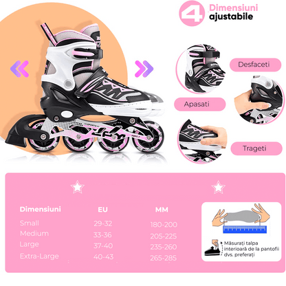 Role Reglabile S 29-32, Roți Luminoase Silicon, Rulmenți ABEC-7, Alb/Roz