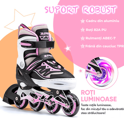 Role Reglabile S 29-32, Roți Luminoase Silicon, Rulmenți ABEC-7, Alb/Roz