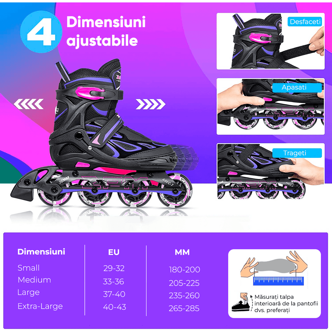 Role Reglabile M 33-36, Roți Luminoase Silicon, Rulmenți ABEC-7, Mov