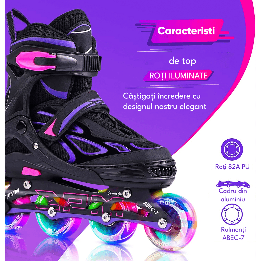 Role Reglabile L 37-40, Roți Luminoase Silicon, Rulmenți ABEC-7, Mov