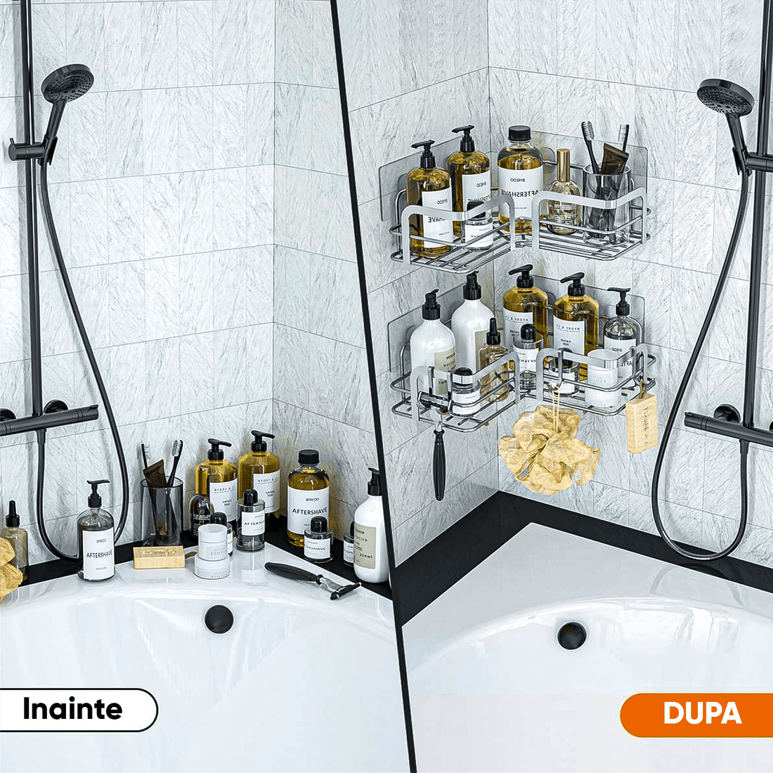 Raft de Duș Colțar, Organizator Baie, Oțel Inoxidabil, 2 Rafturi, Argintiu