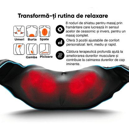 Aparat Masaj Profesional Elindor®, Reîncărcabil, Shiatsu, 8 Puncte, Cervical, Spate, Lombar, Abdomen, Picioare, Negru/Albastru