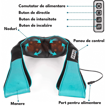 Aparat Masaj Profesional Elindor®, Reîncărcabil, Shiatsu, 8 Puncte, Cervical, Spate, Lombar, Abdomen, Picioare, Negru/Albastru