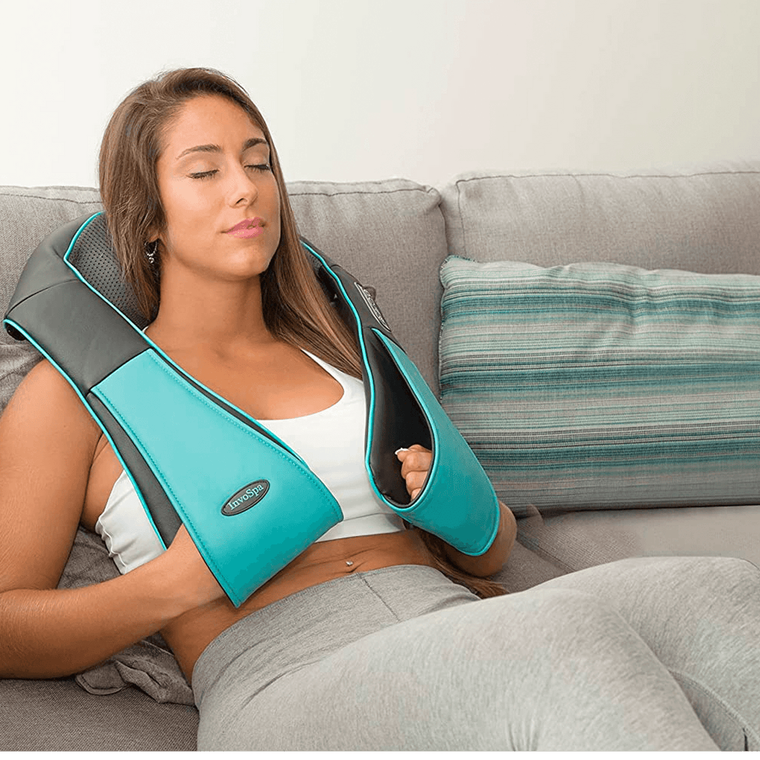 Aparat Masaj Profesional Elindor®, Reîncărcabil, Shiatsu, 8 Puncte, Cervical, Spate, Lombar, Abdomen, Picioare, Negru/Albastru