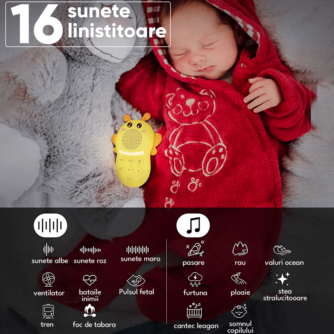 Dispozitiv Sunete Albe, 16 Sunete HD, Portabil, Reîncărcabil, Timer, Lumină de Veghe, 1200 mAh