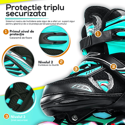 Role Reglabile M 33-37, Roți Luminoase Silicon, Rulmenți ABEC-7, Turcoaz