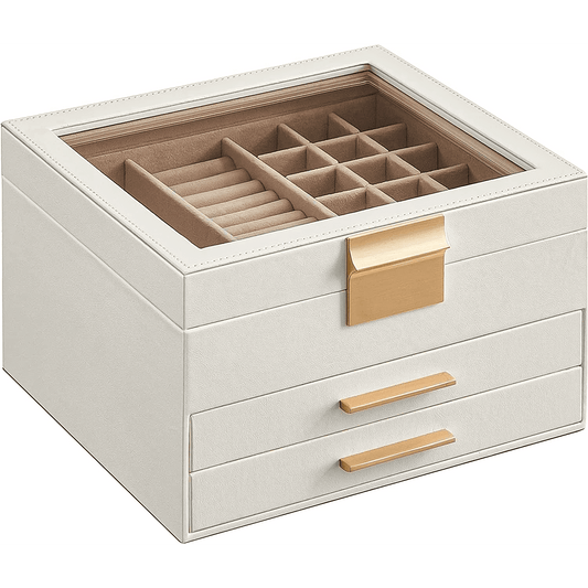 Cutie Bijuterii cu Cheie, 3 Nivele, 2 Sertare, Piele Ecologică Albă, 20 x 23 x 13.5 cm