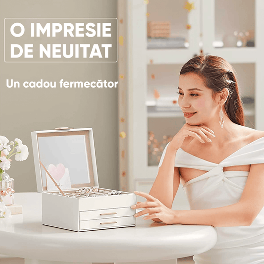 Cutie Bijuterii cu Cheie, 3 Nivele, 2 Sertare, Piele Ecologică Albă, 20 x 23 x 13.5 cm