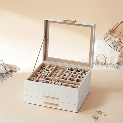 Cutie Bijuterii cu Cheie, 3 Nivele, 2 Sertare, Piele Ecologică Albă, 20 x 23 x 13.5 cm