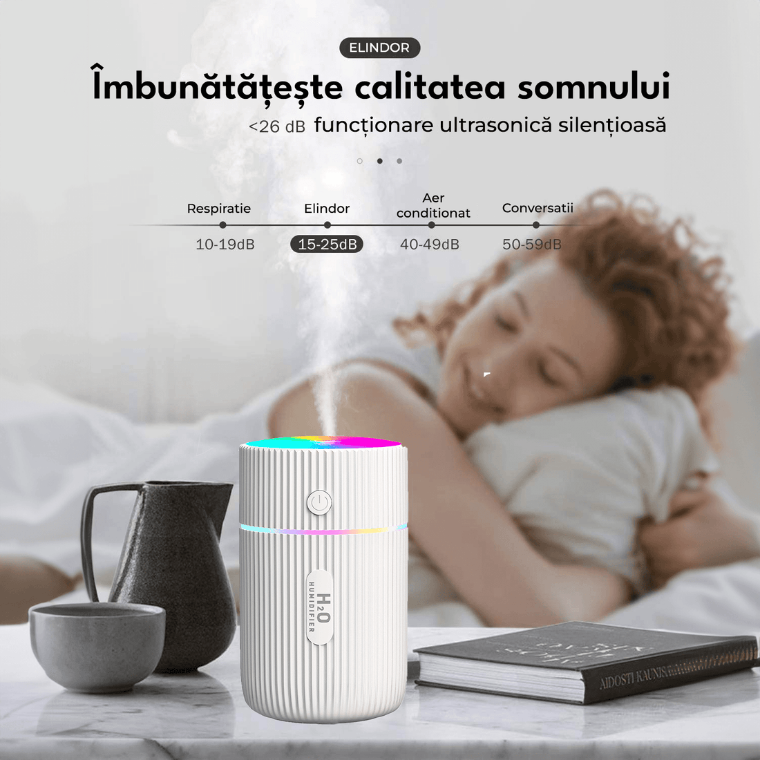 Mini Umidificator Aer cu Difuzor Aromaterapie, LED, Portabil, USB, 220 ml, 2 Moduri, Alb