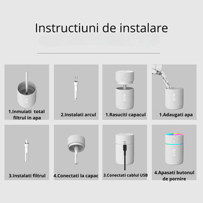 Mini Umidificator Aer cu Difuzor Aromaterapie, LED, Portabil, USB, 220 ml, 2 Moduri, Alb