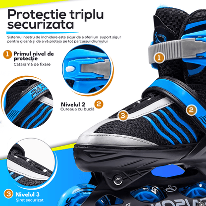 Role Reglabile S 28-31, Roți Luminoase Silicon, Rulmenți ABEC-7, Albastru