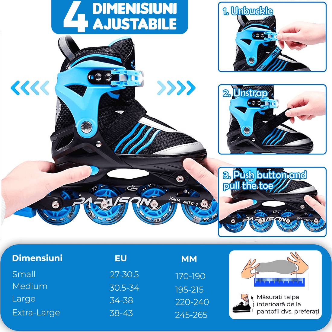 Role Reglabile M 32-35, Roți Luminoase Silicon, Rulmenți ABEC-7, Albastru