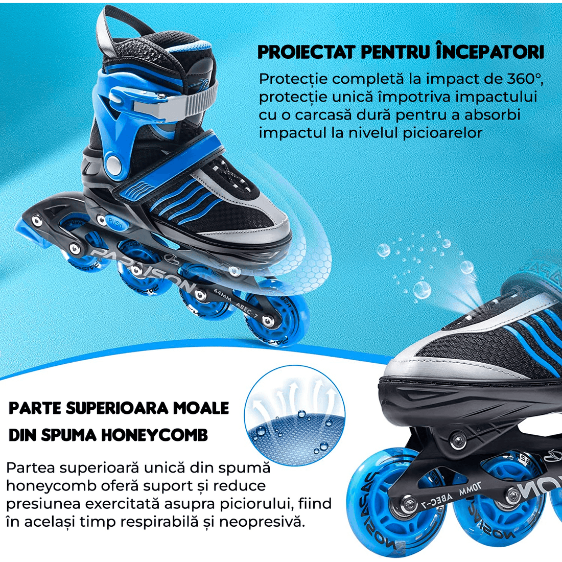 Role Reglabile M 32-35, Roți Luminoase Silicon, Rulmenți ABEC-7, Albastru