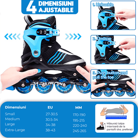 Role Reglabile L 36-39, Roți Luminoase Silicon, Rulmenți ABEC-7, Albastru