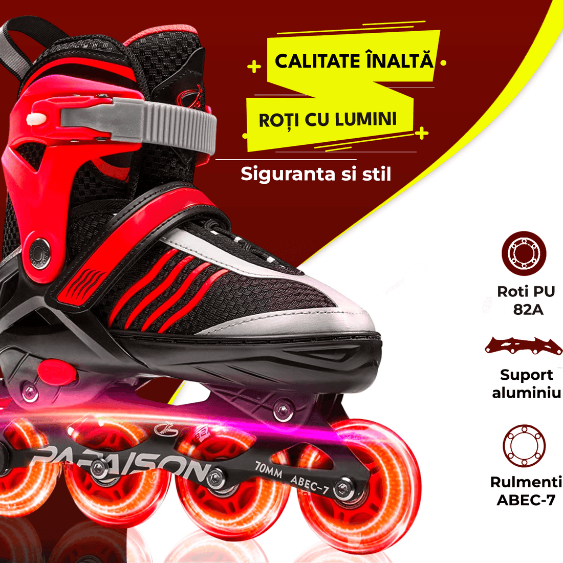 Role Reglabile S 28-31, Roți Luminoase Silicon, Rulmenți ABEC-7, Roșu