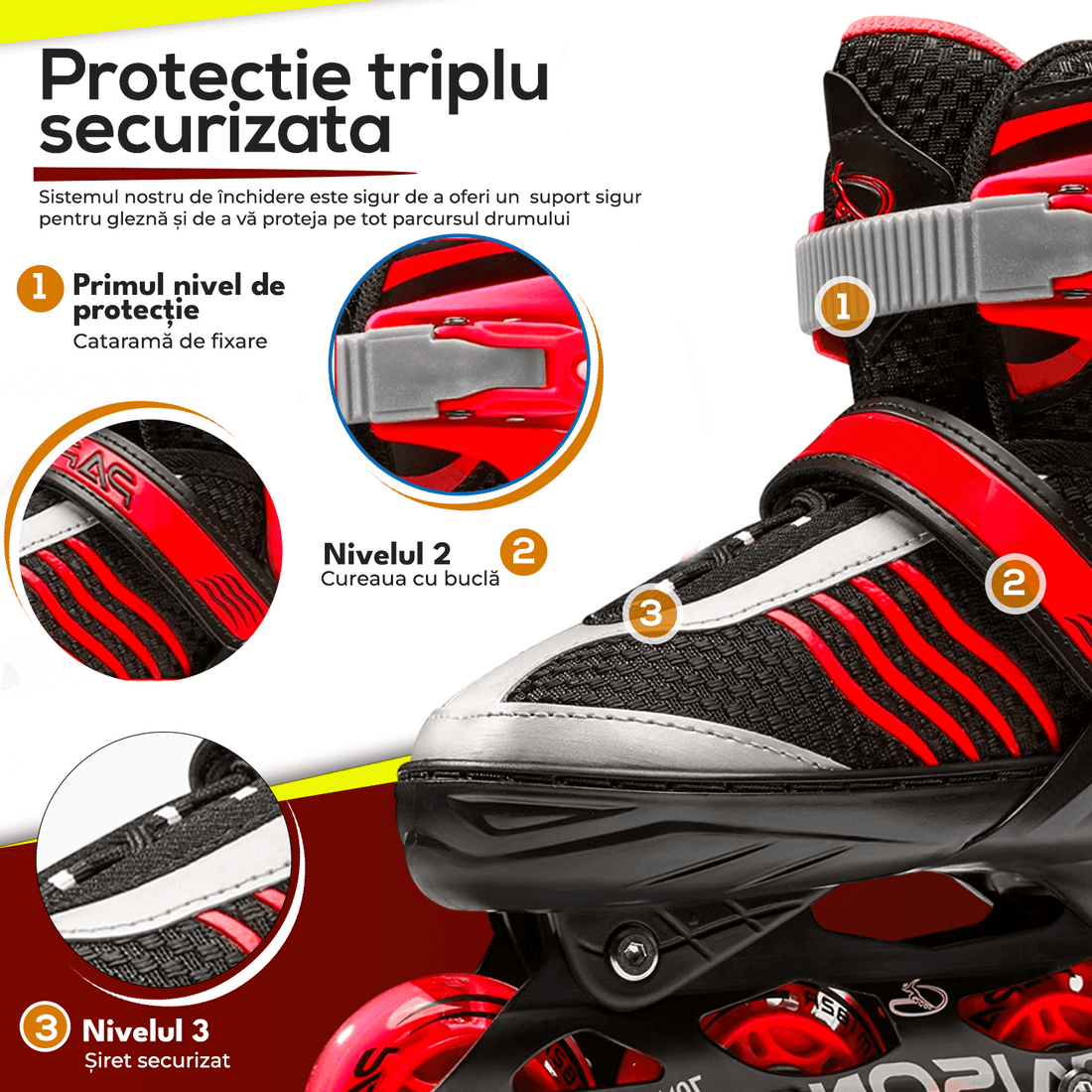 Role Reglabile S 28-31, Roți Luminoase Silicon, Rulmenți ABEC-7, Roșu