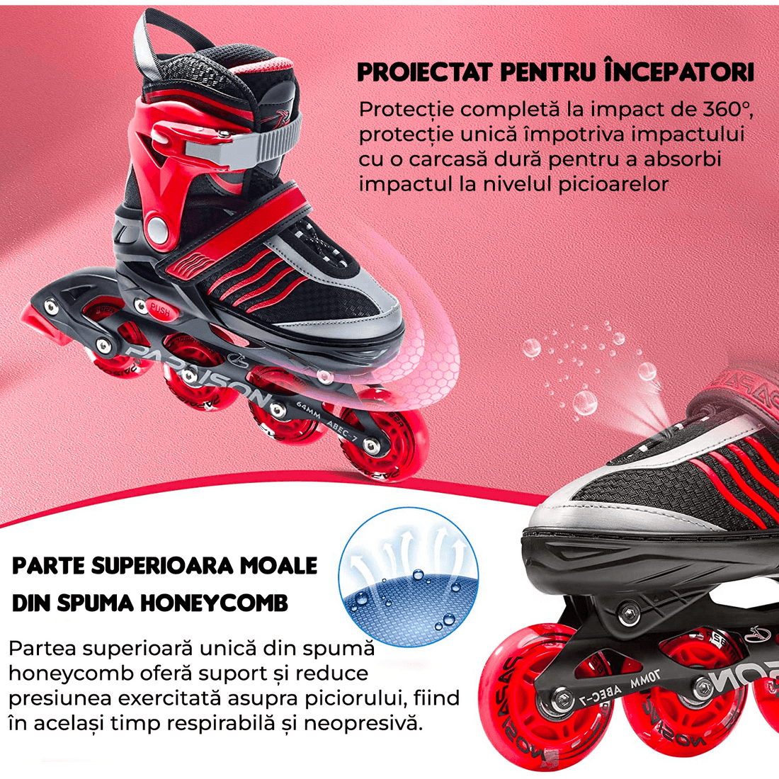 Role Reglabile L 36-39, Roți Luminoase Silicon, Rulmenți ABEC-7, Roșu