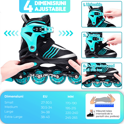 Role Reglabile S 27-30,5, Roți Luminoase Silicon, Rulmenți ABEC-7, Turcoaz