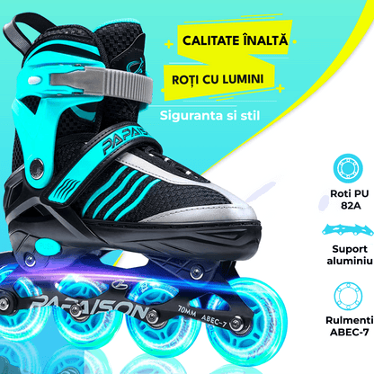 Role Reglabile S 27-30,5, Roți Luminoase Silicon, Rulmenți ABEC-7, Turcoaz