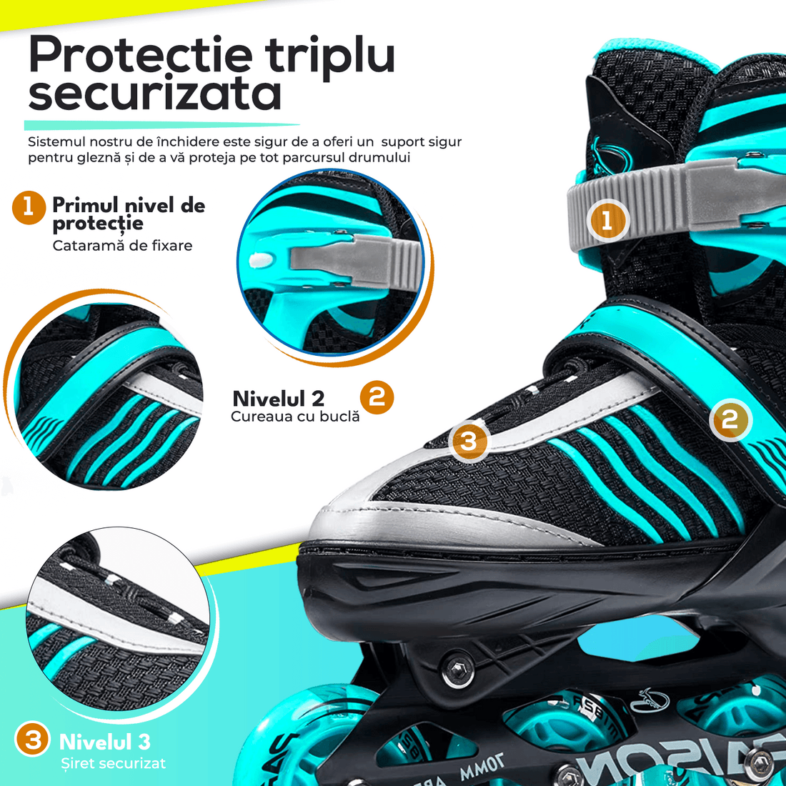 Role Reglabile S 27-30,5, Roți Luminoase Silicon, Rulmenți ABEC-7, Turcoaz