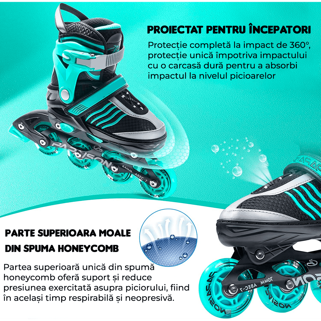 Role Reglabile S 27-30,5, Roți Luminoase Silicon, Rulmenți ABEC-7, Turcoaz