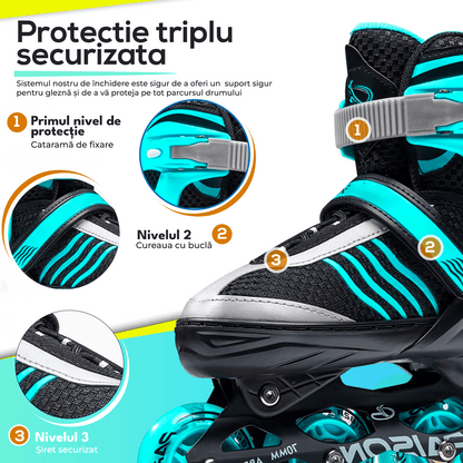 Role Reglabile M 32-35, Roți Luminoase Silicon, Rulmenți ABEC-7, Turcoaz