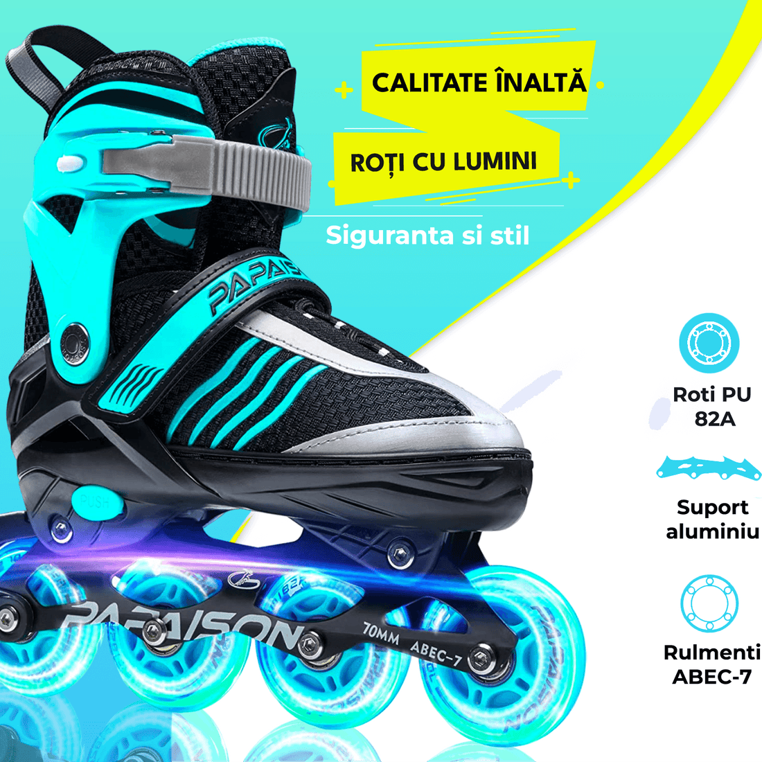 Role Reglabile L 36-39, Roți Luminoase Silicon, Rulmenți ABEC-7, Turcoaz