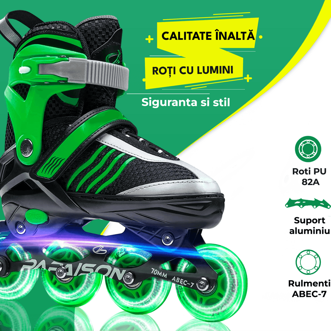 Role Reglabile S 28-31, Roți Luminoase Silicon, Rulmenți ABEC-7, Verde