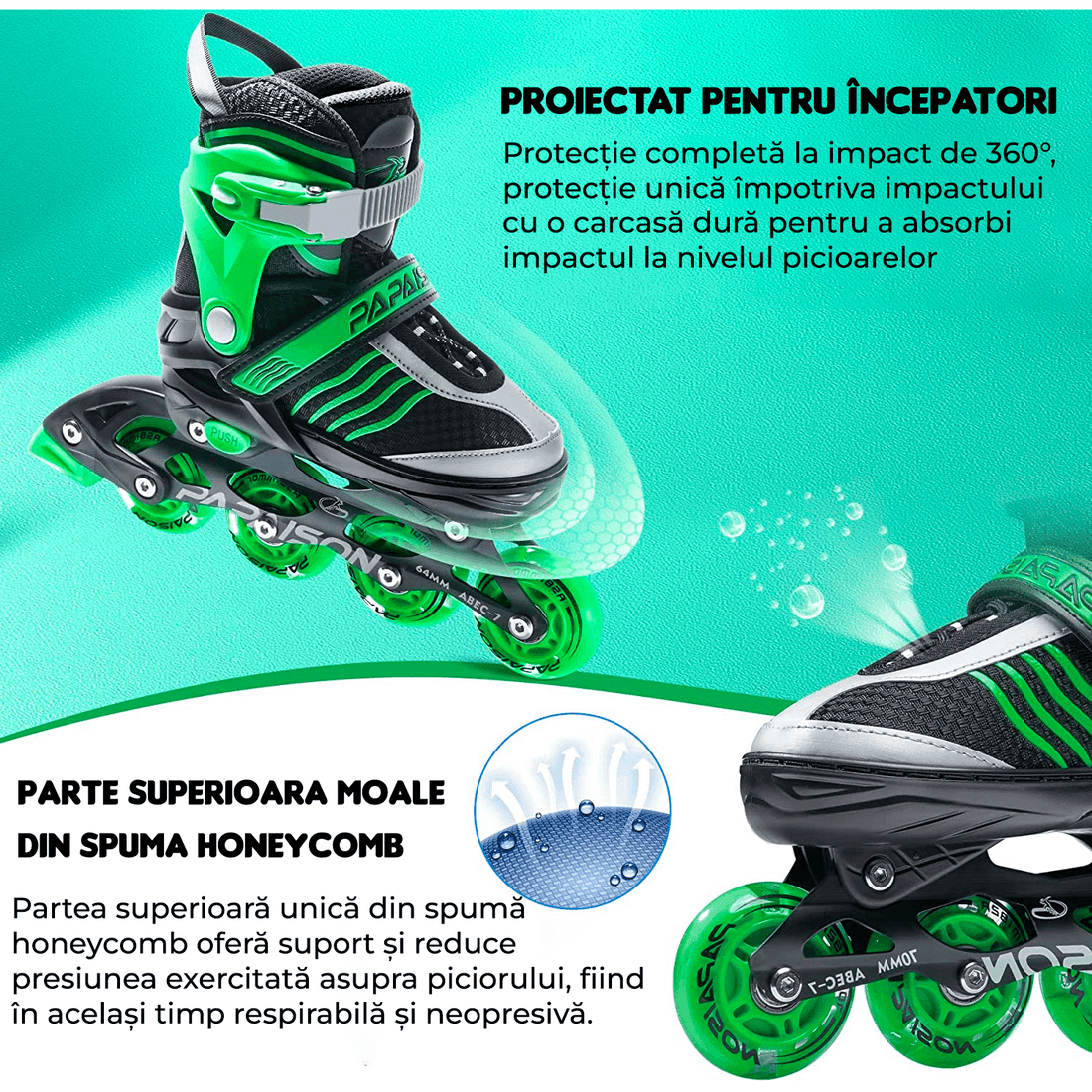 Role Reglabile S 28-31, Roți Luminoase Silicon, Rulmenți ABEC-7, Verde
