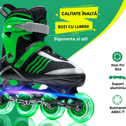 Role Reglabile L 36-39, Roți Luminoase Silicon, Rulmenți ABEC-7, Verde