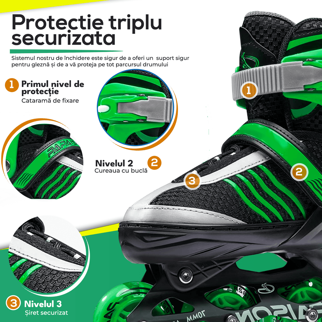 Role Reglabile L 36-39, Roți Luminoase Silicon, Rulmenți ABEC-7, Verde