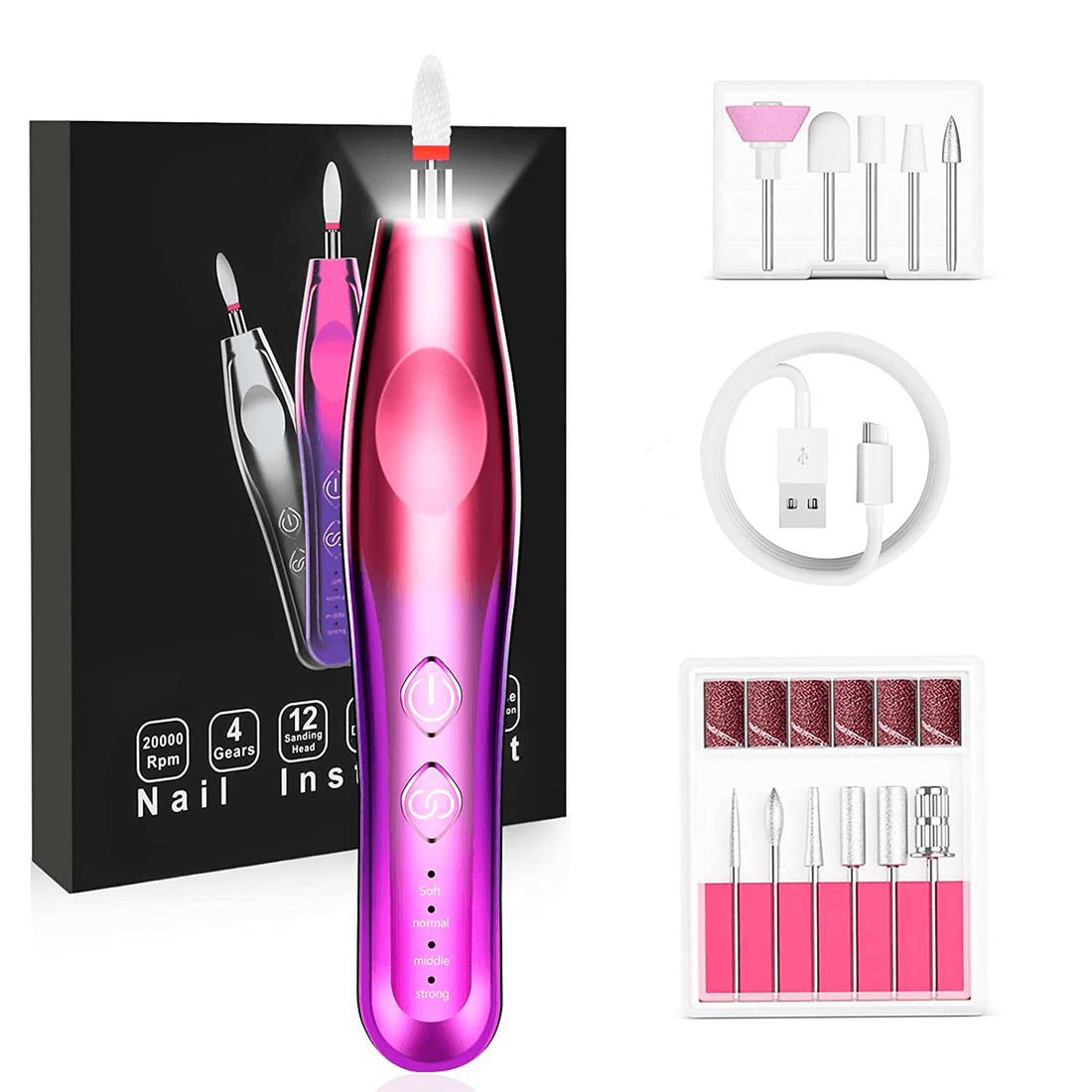 Freză unghii profesională wireless, 20.000 RPM, LED, 11 capete, 6 benzi, roz mov