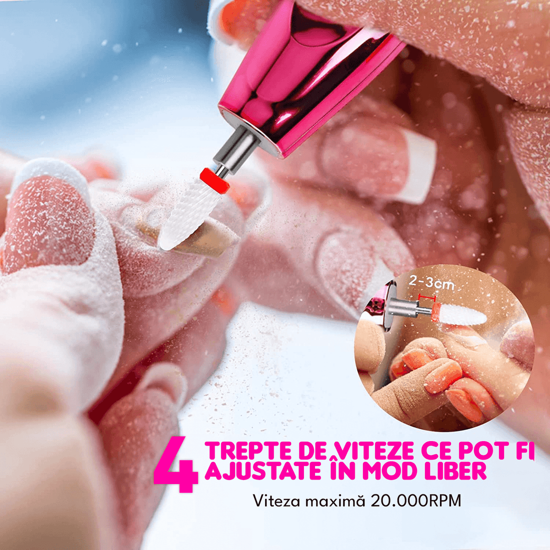 Freză unghii profesională wireless, 20.000 RPM, LED, 11 capete, 6 benzi, roz mov