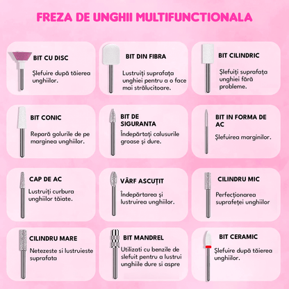 Freză unghii profesională wireless, 20.000 RPM, LED, 11 capete, 6 benzi, roz mov