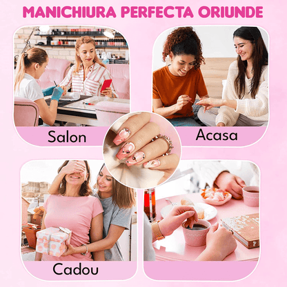 Freză unghii profesională wireless, 20.000 RPM, LED, 11 capete, 6 benzi, roz mov