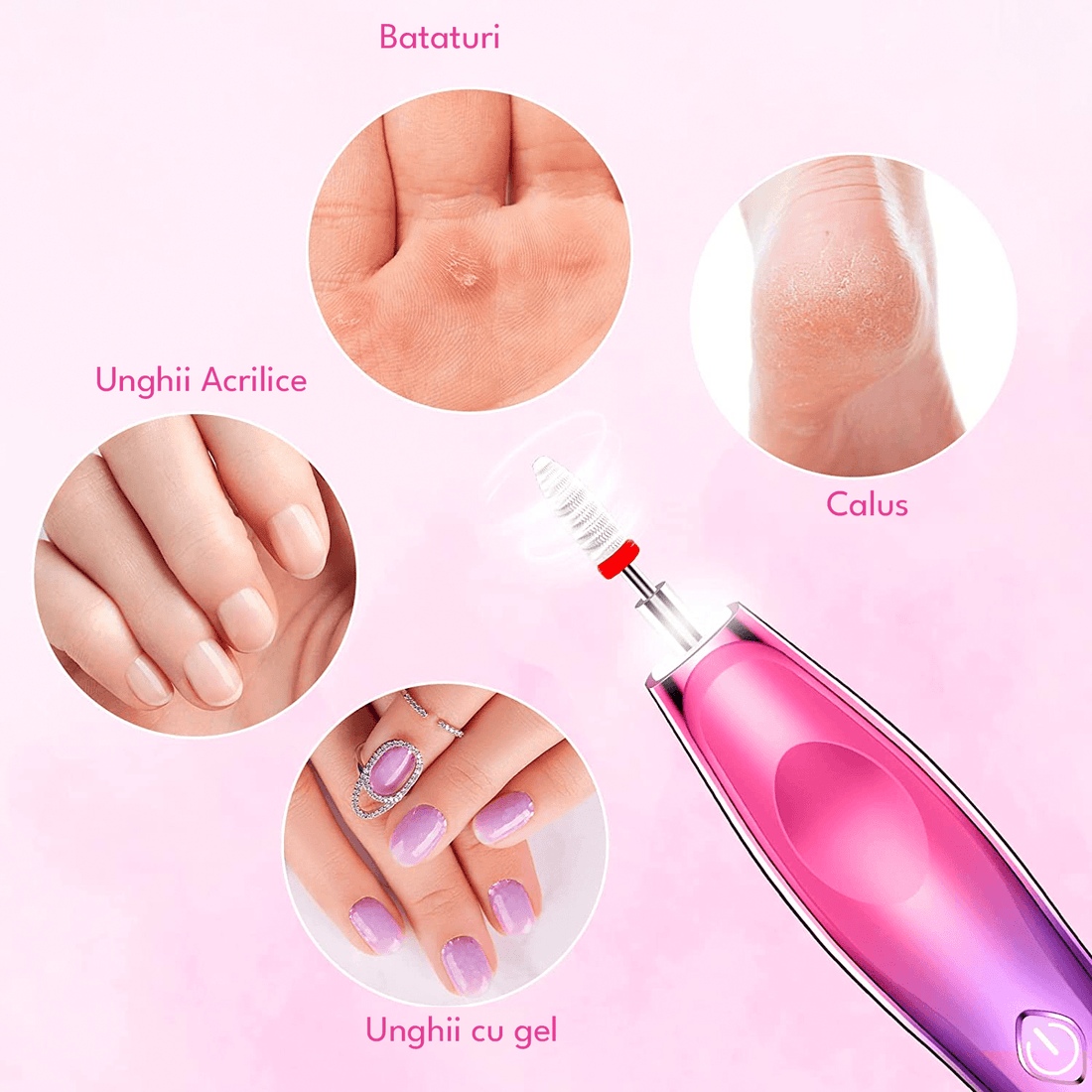 Freză unghii profesională wireless, 20.000 RPM, LED, 11 capete, 6 benzi, roz mov