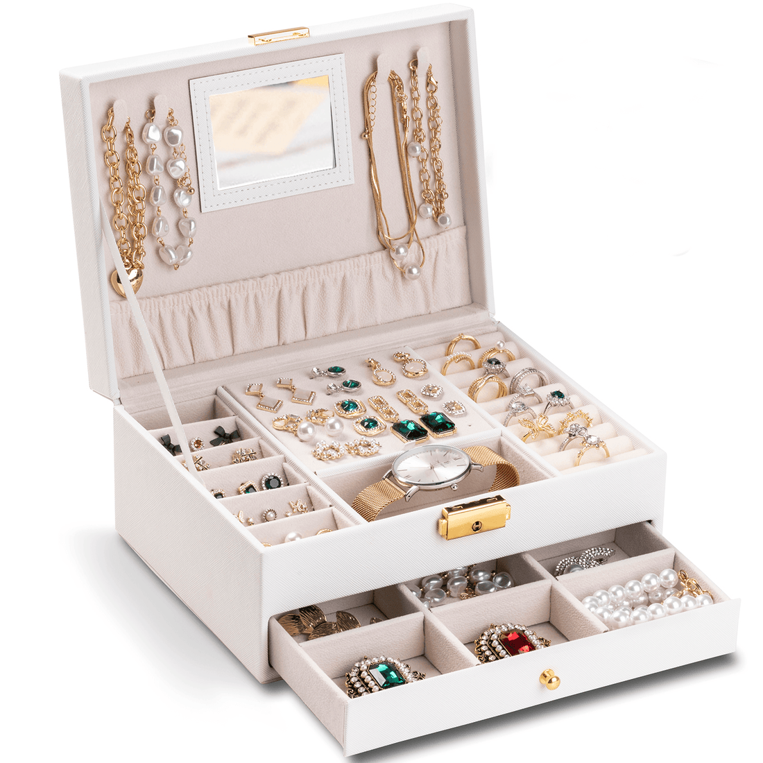 Cutie Bijuterii cu Cheie, 2 Nivele & Sertar, Catifelată, Piele Ecologică Albă, 23 x 17 x 10.5 cm