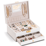 Cutie Bijuterii cu Cheie, 2 Nivele & Sertar, Catifelată, Piele Ecologică Albă, 23 x 17 x 10.5 cm