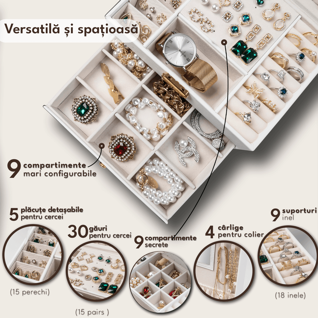 Cutie Bijuterii cu Cheie, 2 Nivele & Sertar, Catifelată, Piele Ecologică Albă, 23 x 17 x 10.5 cm