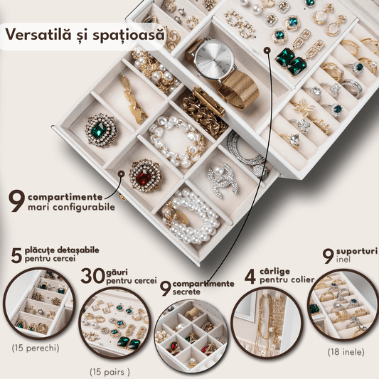 Cutie Bijuterii cu Cheie, 2 Nivele & Sertar, Catifelată, Piele Ecologică Albă, 23 x 17 x 10.5 cm