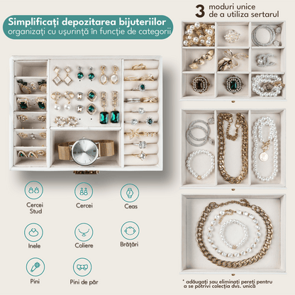 Cutie Bijuterii cu Cheie, 2 Nivele & Sertar, Catifelată, Piele Ecologică Albă, 23 x 17 x 10.5 cm