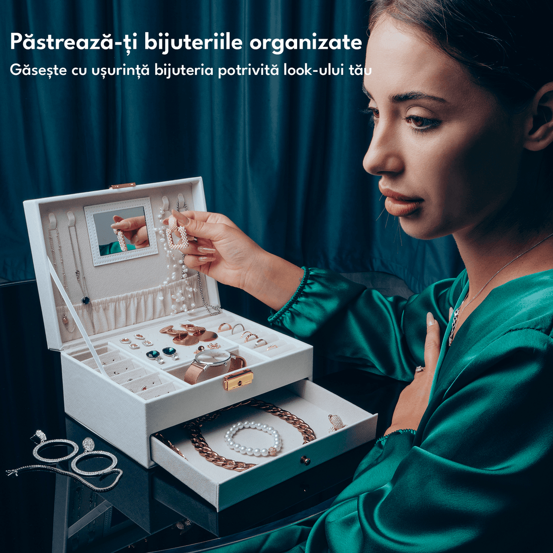 Cutie Bijuterii cu Cheie, 2 Nivele & Sertar, Catifelată, Piele Ecologică Albă, 23 x 17 x 10.5 cm