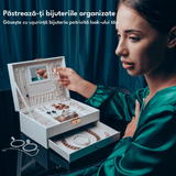 Cutie Bijuterii cu Cheie, 2 Nivele & Sertar, Catifelată, Piele Ecologică Albă, 23 x 17 x 10.5 cm