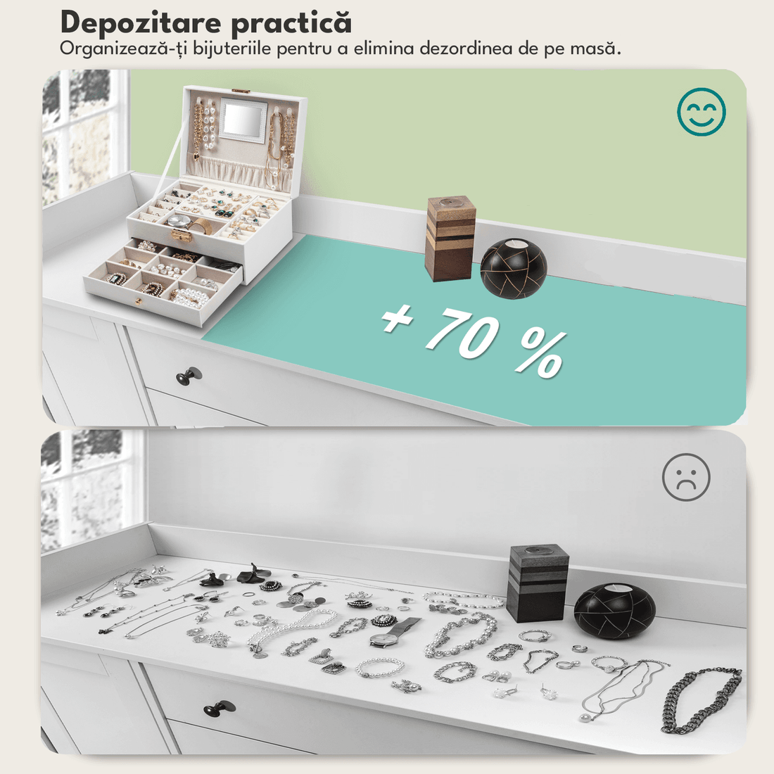 Cutie Bijuterii cu Cheie, 2 Nivele & Sertar, Catifelată, Piele Ecologică Albă, 23 x 17 x 10.5 cm