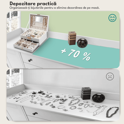 Cutie Bijuterii cu Cheie, 2 Nivele & Sertar, Catifelată, Piele Ecologică Albă, 23 x 17 x 10.5 cm