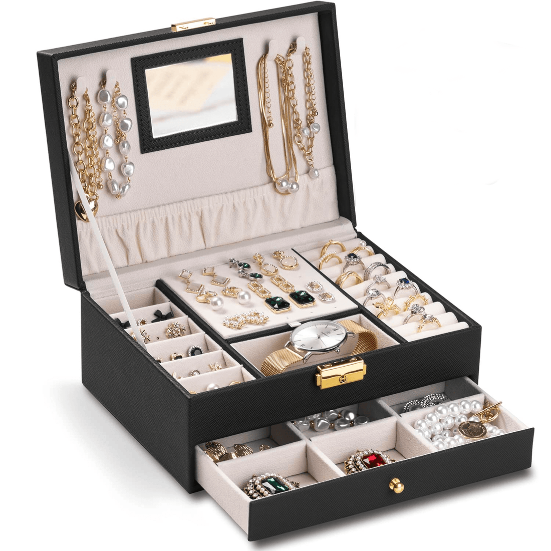 Cutie Bijuterii cu Cheie, 2 Nivele & Sertar, Catifelată, Piele Ecologică Neagră, 23 x 17 x 10.5 cm